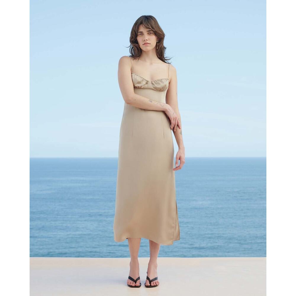 Haight Satin Taissa Dress Straw Beige Size Medium NWT